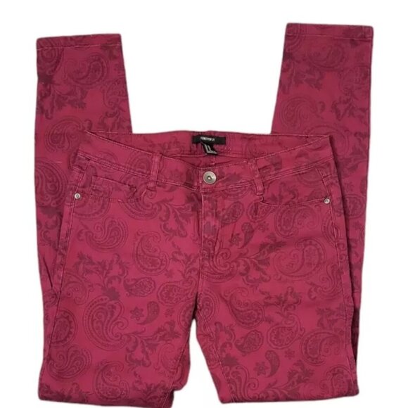 Forever 21 Women's Jeans Denim Burgundy/Brown Paisley Skinny - Picture 3 of 8